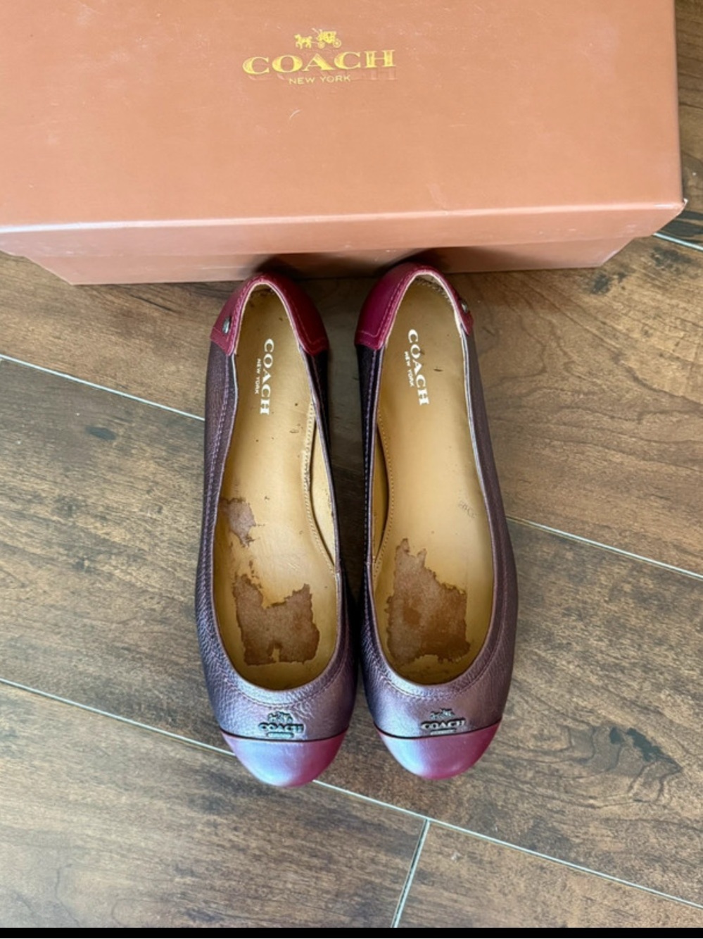 COACH Burgundy Leather Cap-Toe Ballet Flats